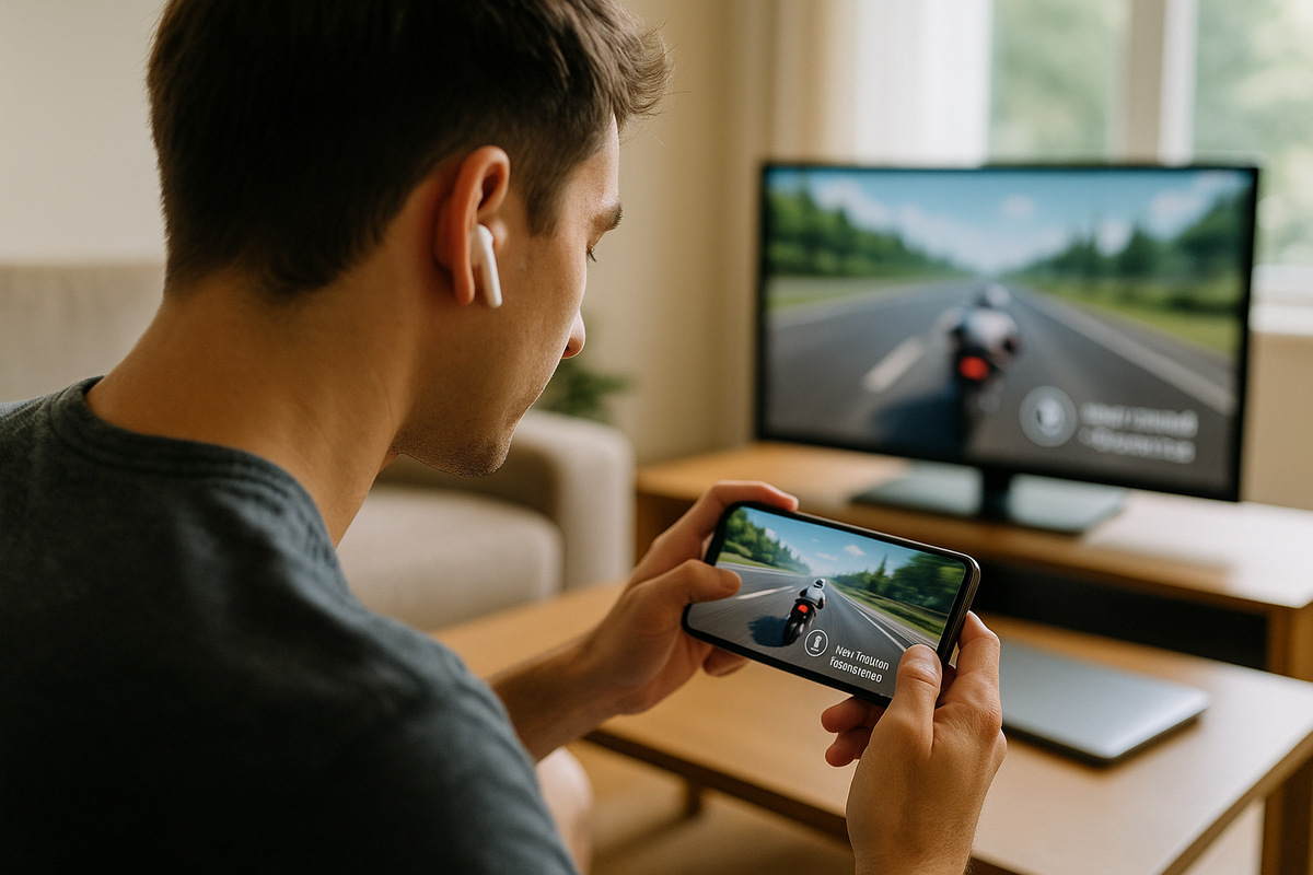 Краткое описание: домашний кадр — человек в AirPods слегка наклоняет голову и ведёт мотоцикл в мобильной гонке на iPhone; на телевизоре дублируется та же сцена. На экране виден индикатор «Head control: connected», подчёркивающий управление наклонами головы. Атмосфера лёгкая и игриво-технологичная.