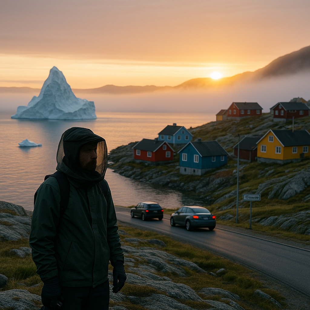 Краткое описание: полярный закат в Гренландии — айсберг плывёт у берега, туман стелется над водой, на скалах — яркие домики без единого дерева. На переднем плане турист в москитной сетке, внизу на узкой дороге — небольшая «пробка». Кадр передаёт тот самый «прекрасный кошмар»: величие природы и суровые бытовые детали.