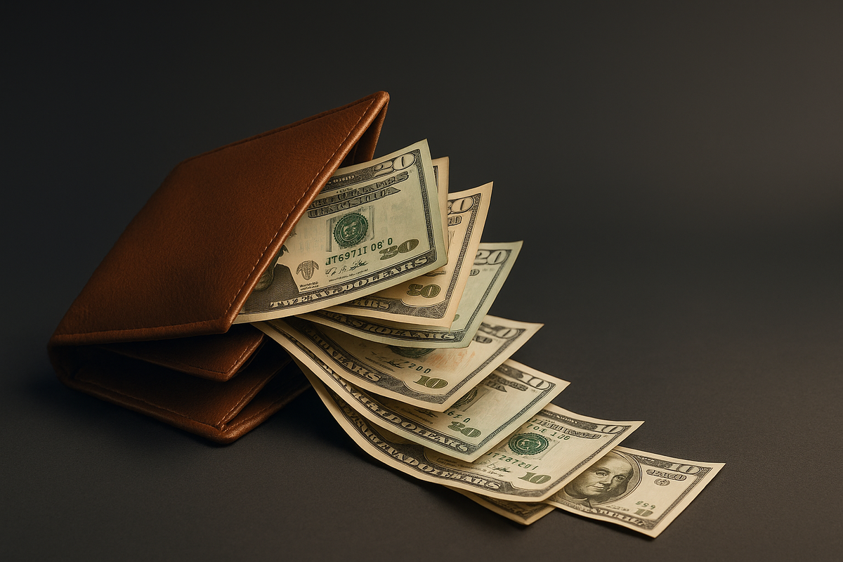 «Кошелёк с выпадающими купюрами и монетами — символ лишних расходов и ошибок в управлении финансами».