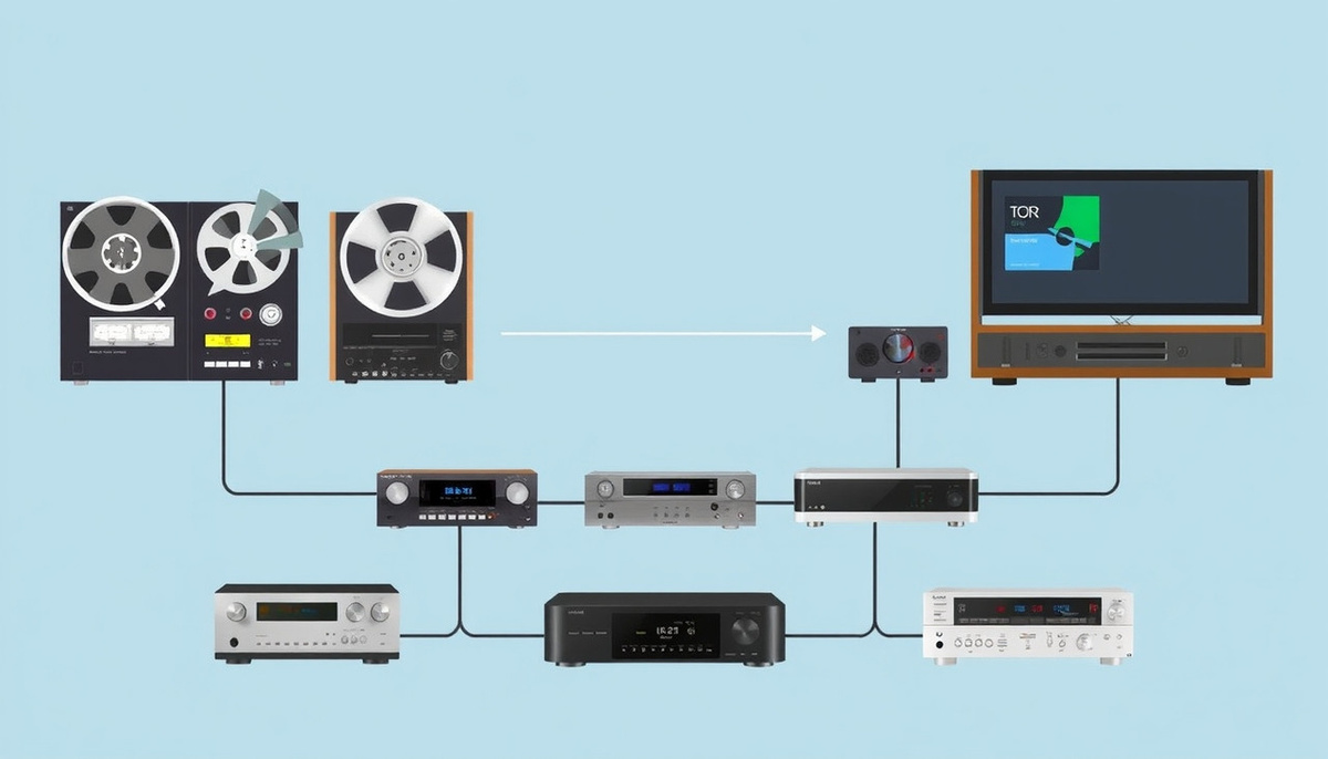    Изображение домашних аудиосистем от катушечных магнитофонов до современных технологий
