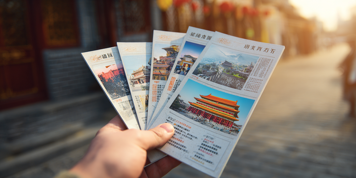 «Буклеты с туристическими маршрутами по Китаю в руках путешественника — китайский для туристов, основные фразы на китайском и разговорник для поездки».