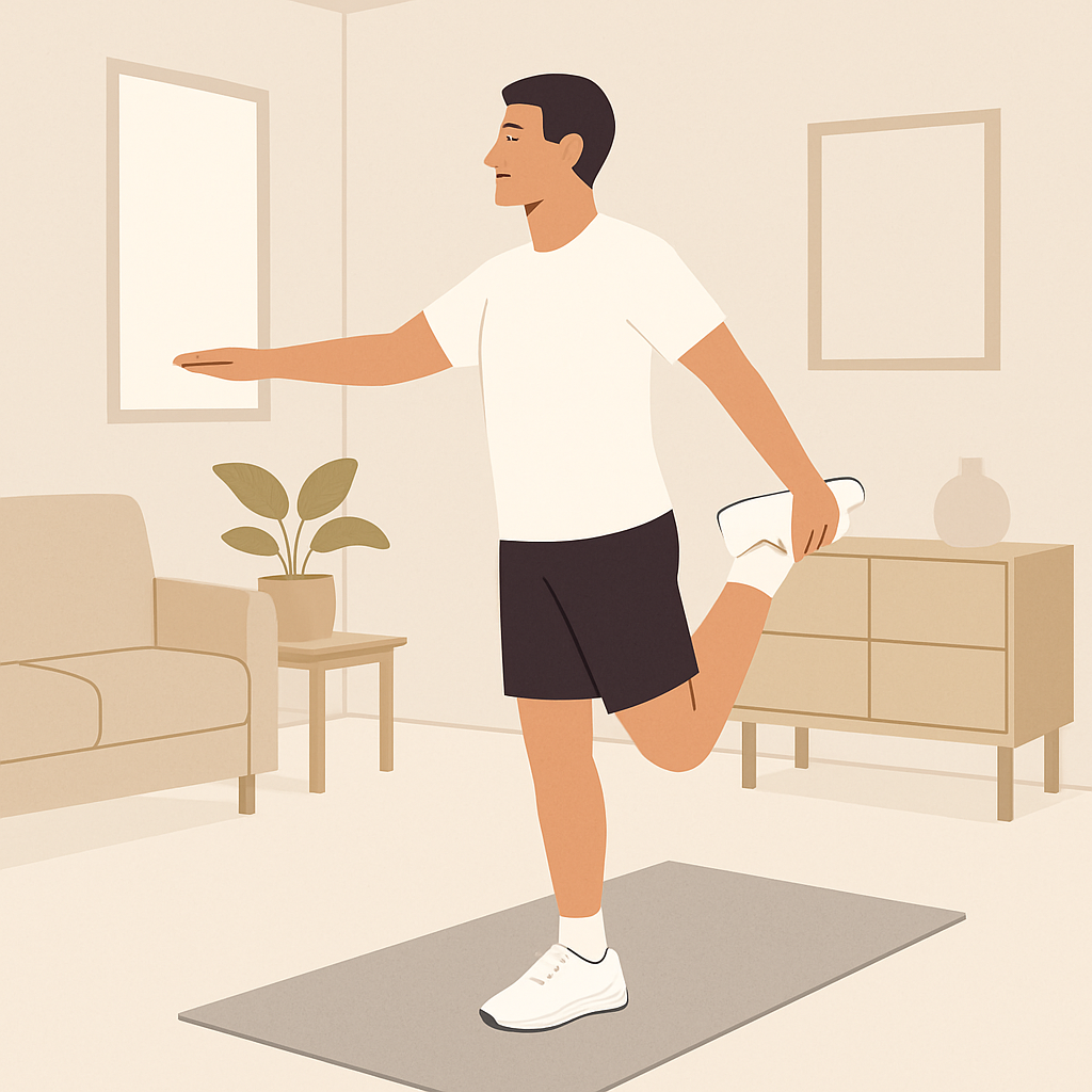 «Человек делает лёгкие упражнения дома в минималистичной комнате — альтернатива спортзалу».