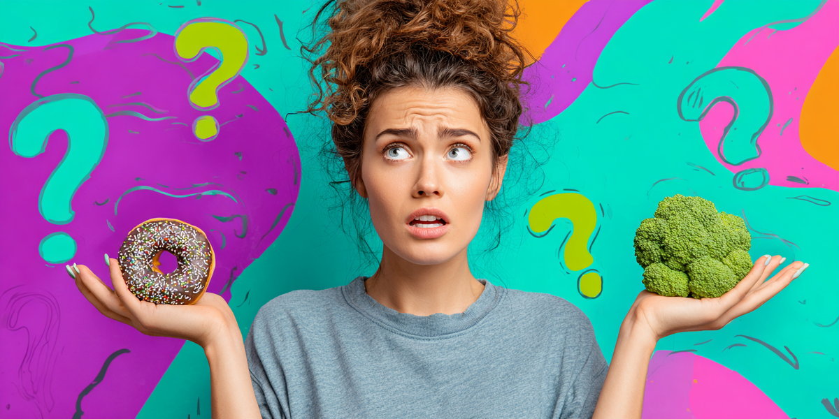 "Женщина в замешательстве выбирает между пончиком и брокколи — символ дилеммы кето диеты, похудения и здорового питания."