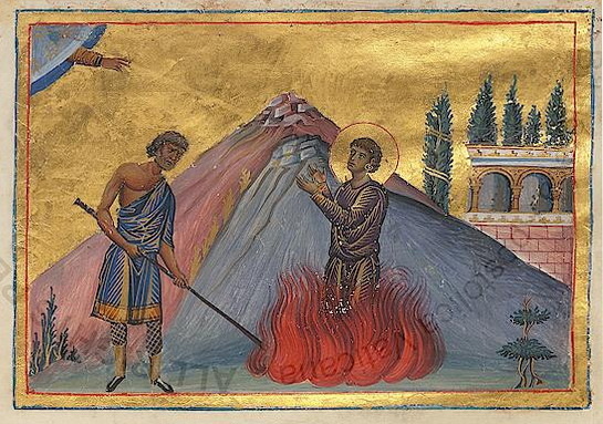 Сожжение Никиты Готфского. Константинополь. 985 год. Миниатюра Минология Василия II. Ватиканская библиотека. Рим