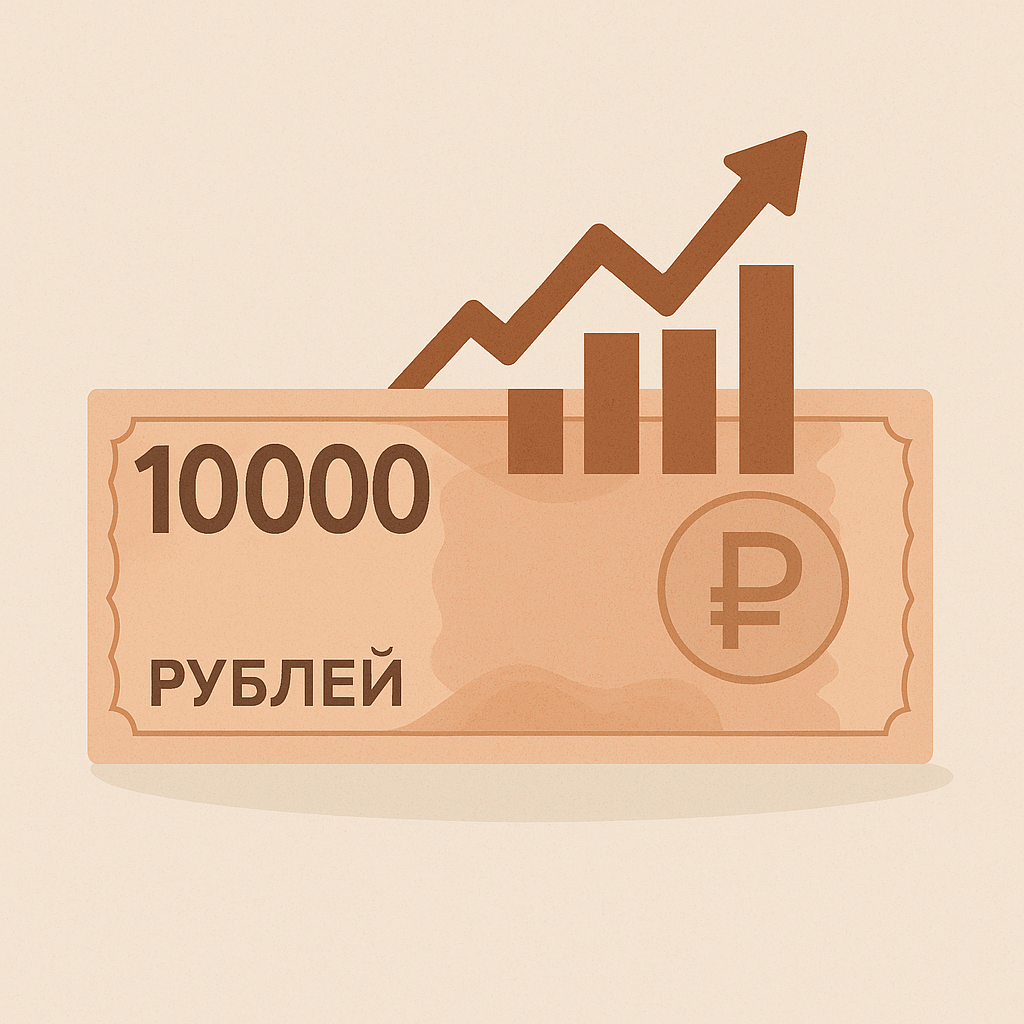 Купюра в 10 000 ₽ с символом роста графика.