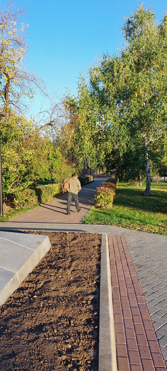 Понятно же, что после первого заморозка листья разом упадут на землю, а пока радуют вот такими золотыми переливами везде. Это в районе площади Свободы. Мужчина такой активный на фото.