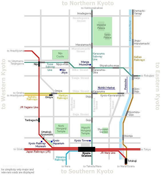 Карта центра Киото с основными местами