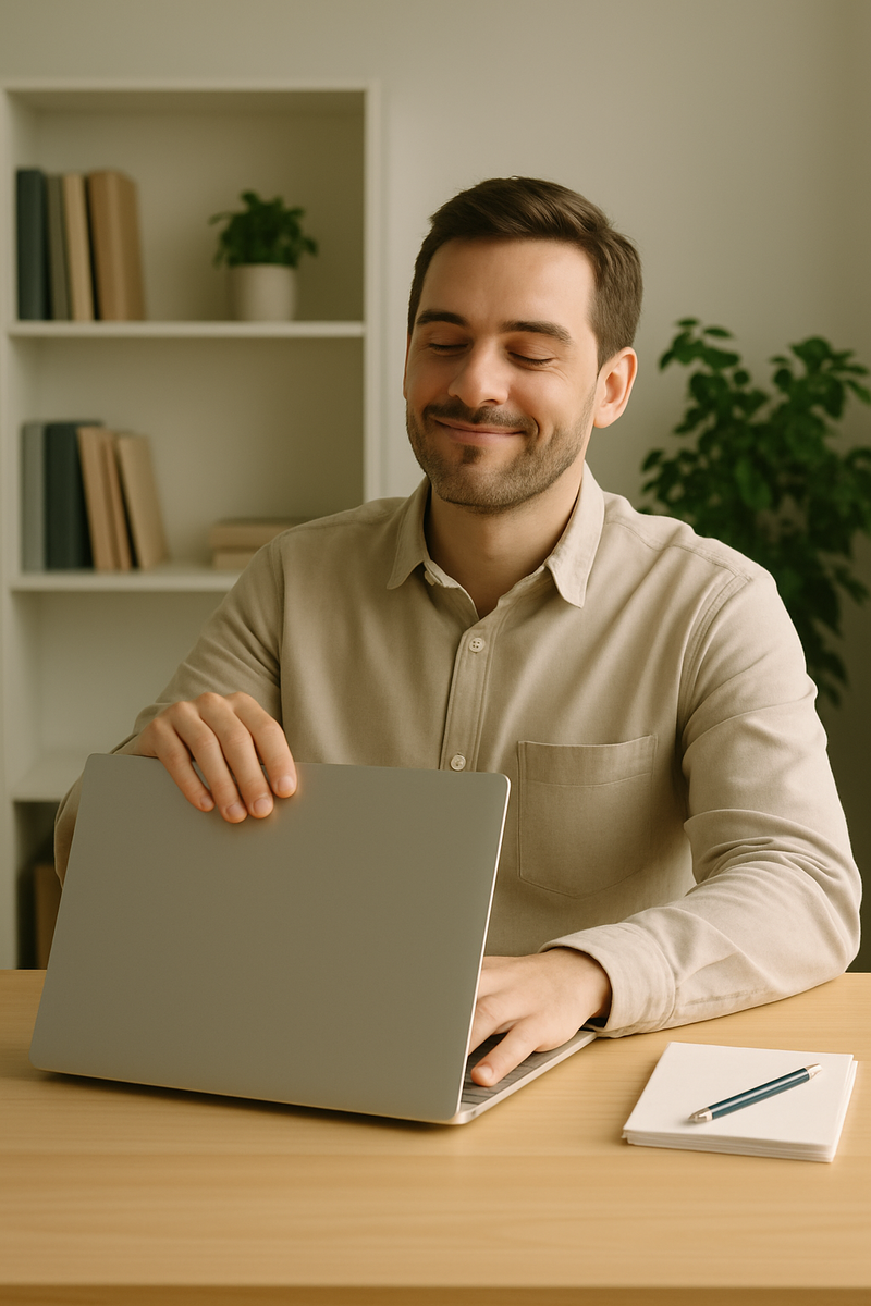 Человек закрывает ноутбук с удовлетворением после выполненной задачи