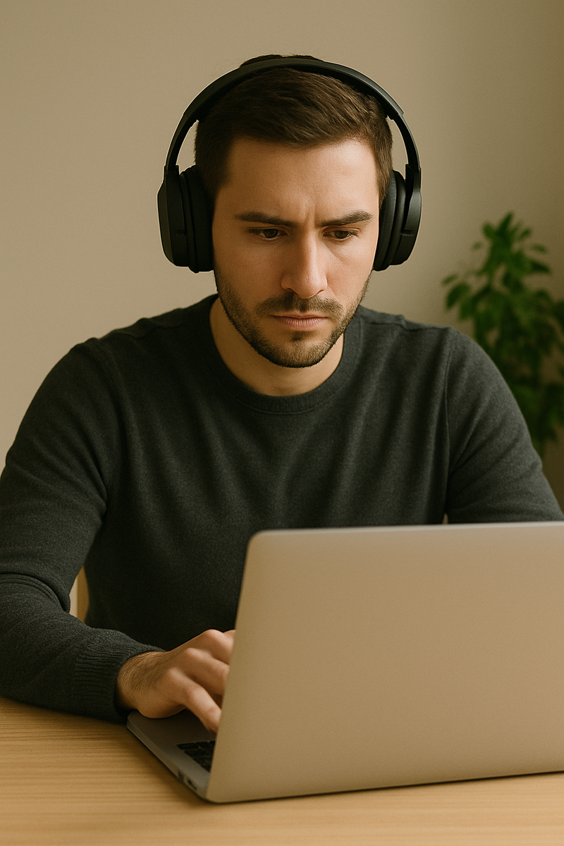 Человек в наушниках работает за ноутбуком с фокусом.
