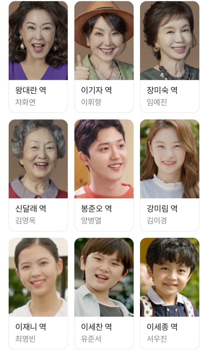 Слева направо: Ван Тэ Ран (Ча Хва Ён), Ли Ки Чжа (Ли Хви Хян), Чан Ми Сук (Им Йе Чжин), Шин Даль Ле (Ким Ён Ок), Пон Чжун О (Ян Пён Ёль), Кан Ми Рим (Ким И Гён), Ли Чжэ Ни (Чхве Мён Бин), Ли Се Чан (Ю Чжун Со), Ли Се Чжон (Со У Чжин)