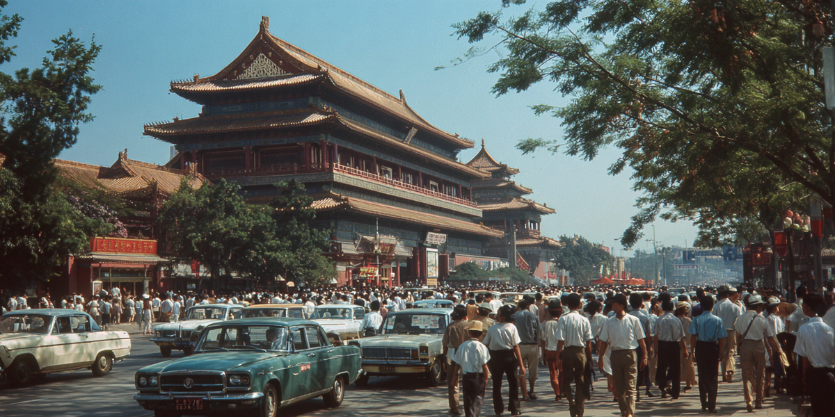 «Люди на улице в Пекине в солнечный летний день, традиционные китайские здания с красными стенами и золотыми крышами, оживлённое движение машин и пешеходов — Китай, культура и путешествия».