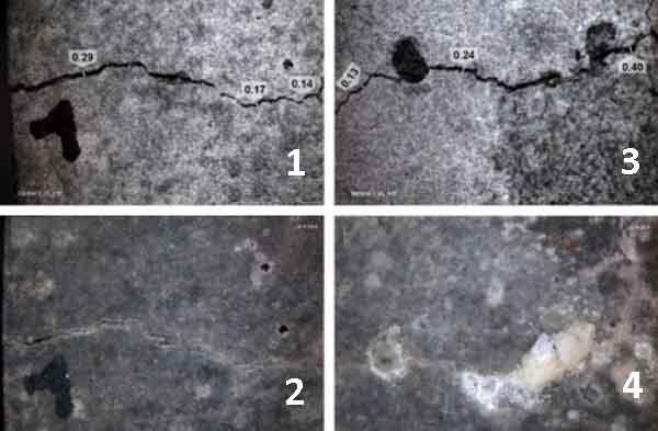 Результат действия грибка Trichoderma reesei: 1,3 - состояние на момент образования трещины; 2,4 - состояние, спустя 100 дней после активации грибка Trichoderma reesei