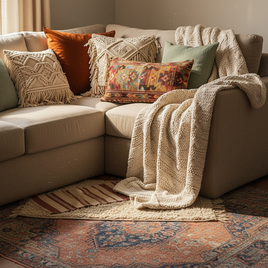 Уютный уголок дивана, заваленный подушками разных фактур — бархат, лен, макраме, килим. Сверху наброшено вязаное одеяло. На полу — несколько ковров, наслоенных друг на друга.