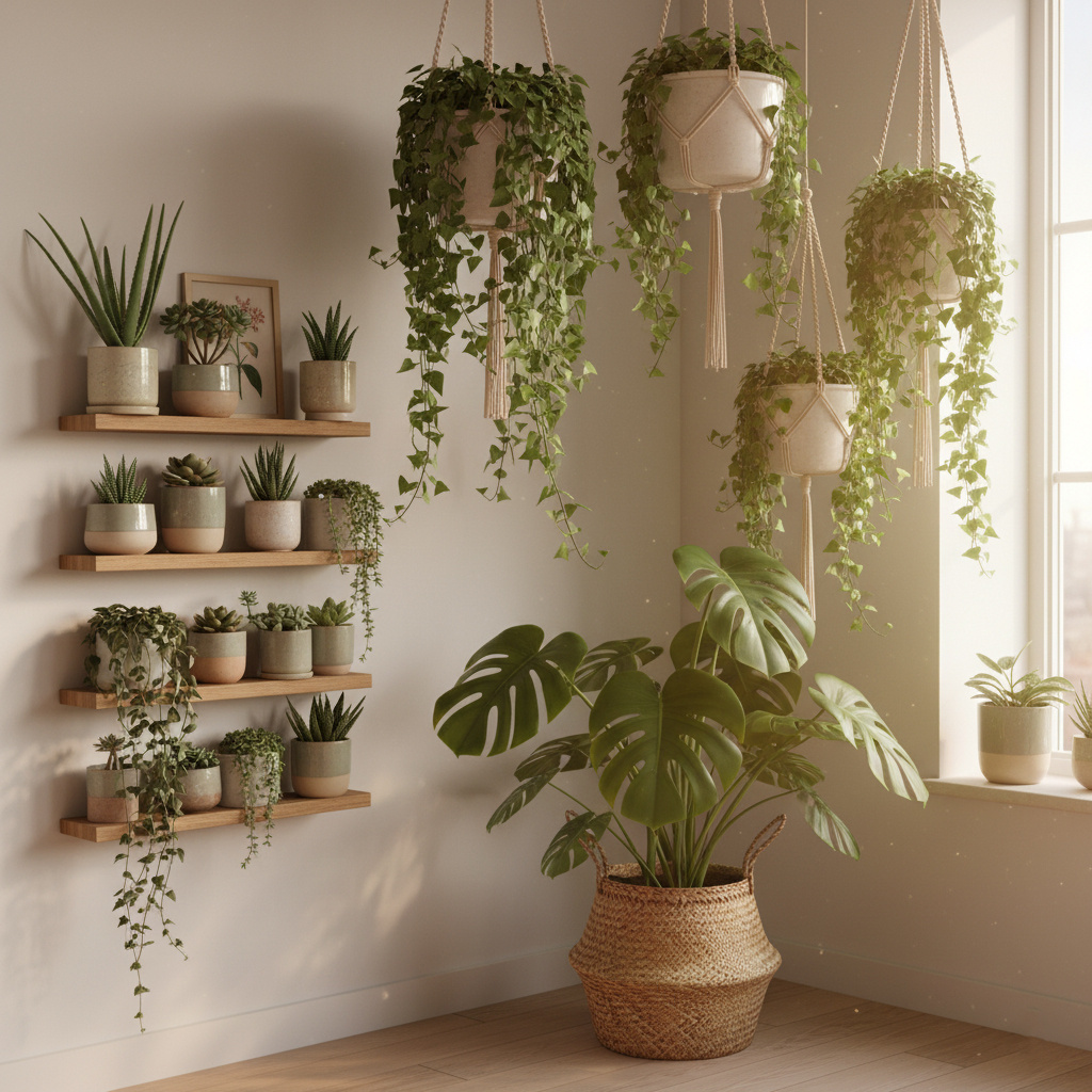 Угол комнаты с "зеленой стеной" — несколько подвесных кашпо с плющом, на полу — крупная монстера в плетеной корзине, на полках — суккуленты в керамических горшках.