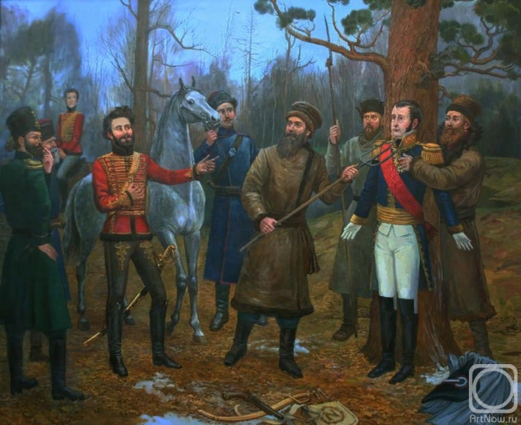 Партизаны зовут Дениса Давыдова, чтобы тот определил, кого они поймали. "Нет, братцы, это не Наполеон". Художник Ф. Москвитин