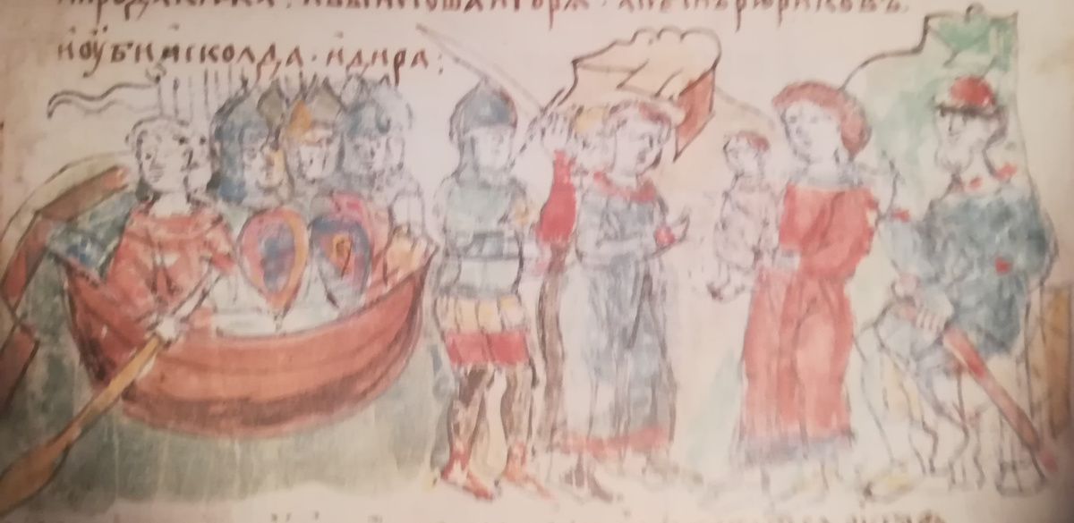 Тайное прибытие военной дружны Олега в Угорское под Киевом; провозглашение малолетнего Игоря наследником киевского престола; убийство Аскольда и Дира по приказу Олега. Миниатюра из Радзивиловской летописи.