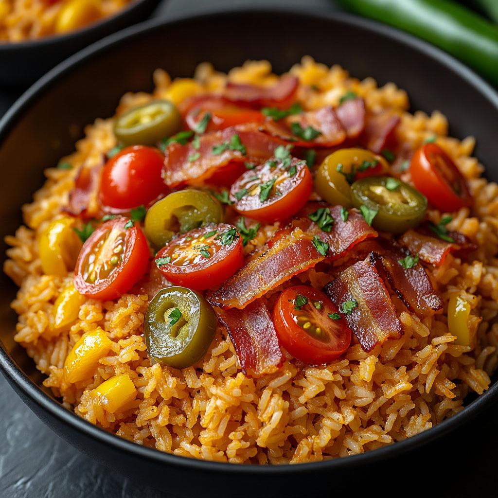 🍚🌶️ Рис по-мексикански — яркое сочетание вкусов и цветов! Это аппетитное блюдо представляет собой красочную композицию: рассыпчатая основа из зернистого риса нежно-золотистого оттенка смешалась с яркими оттенками красных помидоров и зеленовато-жёлтого острого перчика. Поверхность блюда покрыта тонким слоем хрустящего шпика, придавая дополнительную нотку пикантности. Блестящие капли масла подчёркивают сочность каждого компонента. Аромат свежеиспечённого блюда наполнен сладким запахом изюма, нежностью обжаренных луковой и чесночных ноты, остротой специй и лёгкой кислинкой свежих помидоров. Этот образ идеально демонстрирует гармонию традиционной мексиканской кухни, превращаясь в настоящий праздник вкуса и запаха. ✨
