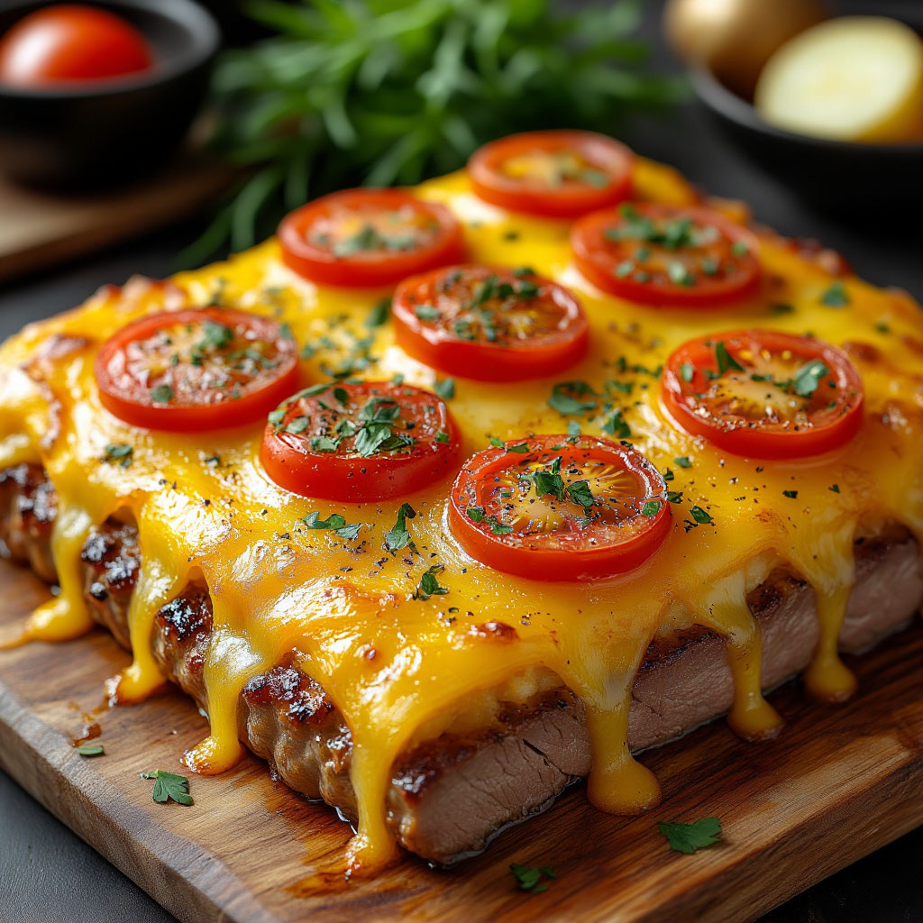 🍗 Мясо по-французски — визуальное удовольствие и гастрономическое наслаждение! Ярко-желтый слой густого, тягучего сыра покрывает поверхность блюда, создавая контраст с аппетитными дольками картофеля и красивыми круглыми срезами помидоров. Золотистая корочка на мясе добавляет теплоты и привлекает внимание своим ароматом, источающим соблазнительные запахи жареного лука и специй. Нежные слои картошки выглядят воздушными и мягкими, обещая великолепную текстуру при каждом укусе. Эта композиция вызывает чувство тепла домашнего очага и дарит предвкушение истинного праздника вкуса. 🔥
