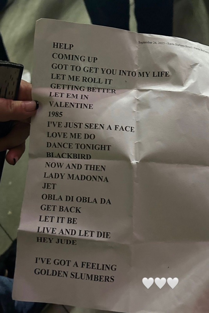     Сетлист выступления Пола Маккартни в Санта-Барбаре 26 сентября / Фото: фан-аккаунт CalicoRadio