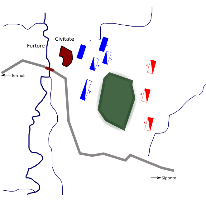 Карта битвы при Чивитате. Красные - нормандцы, синие - отряды папы