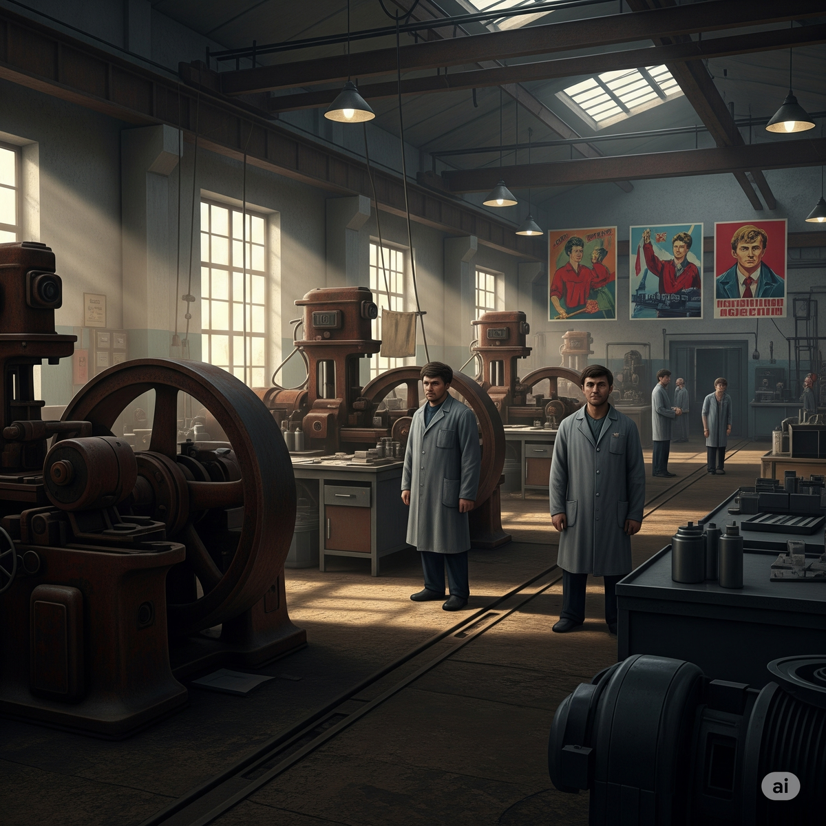 Иллюстрация "Цех советского завода 70-х, с устаревшим оборудование 30-х годов" создана сетью Джемини