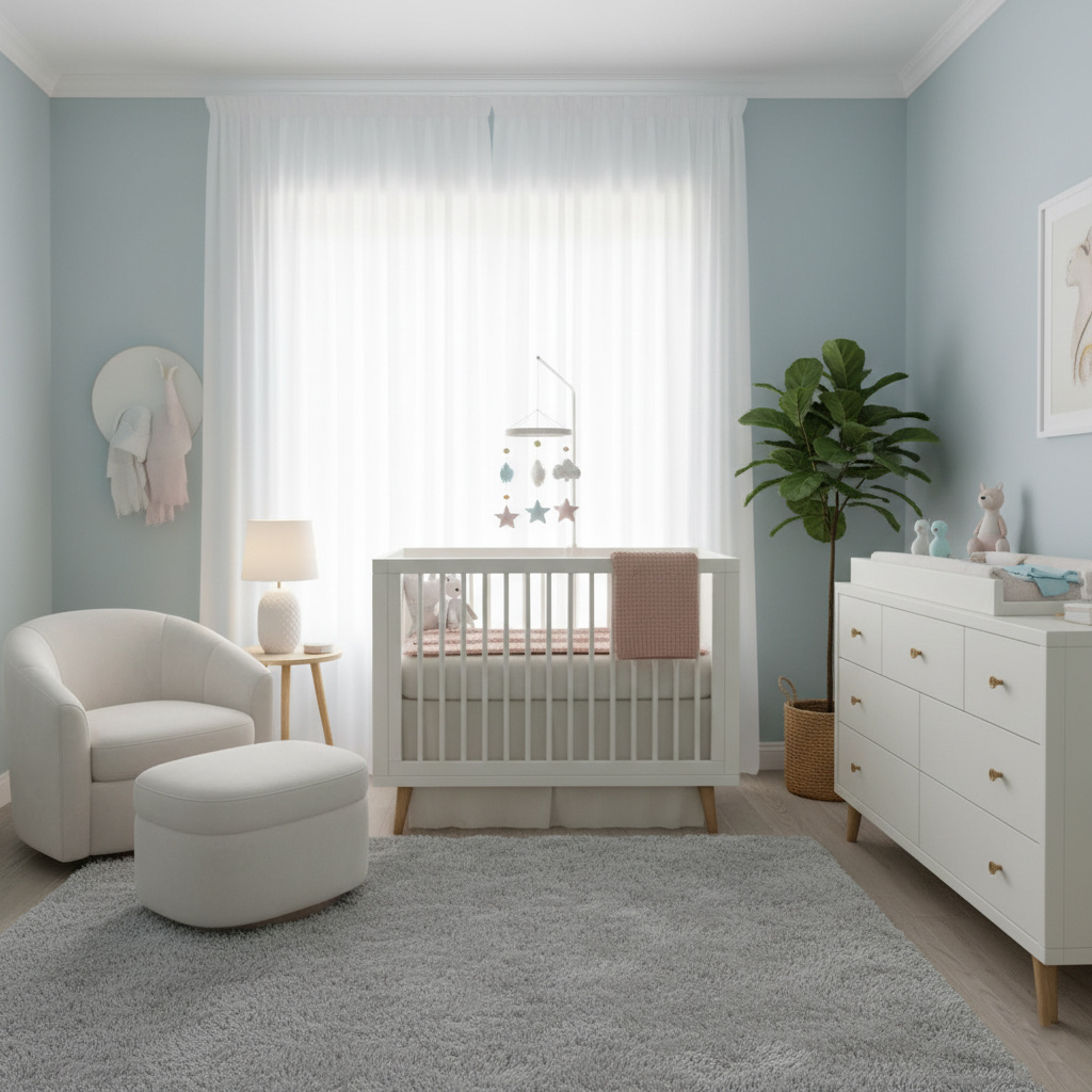 Комната в пастельных тонах с кроваткой, пеленальным столом, мягким ковром и креслом для кормления