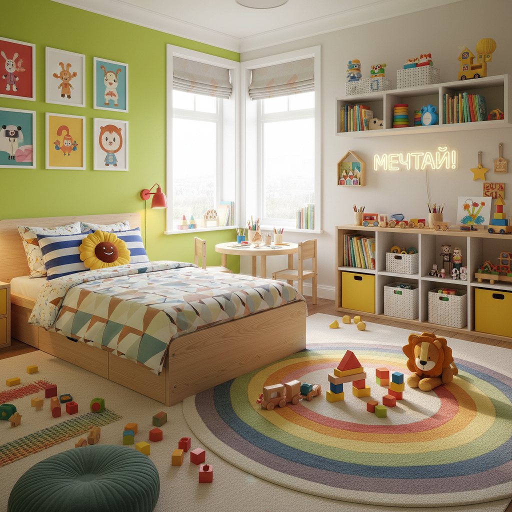 Яркая комната с низкой кроватью, игровым ковриком, столиком для творчества и открытыми стеллажами для игрушек
