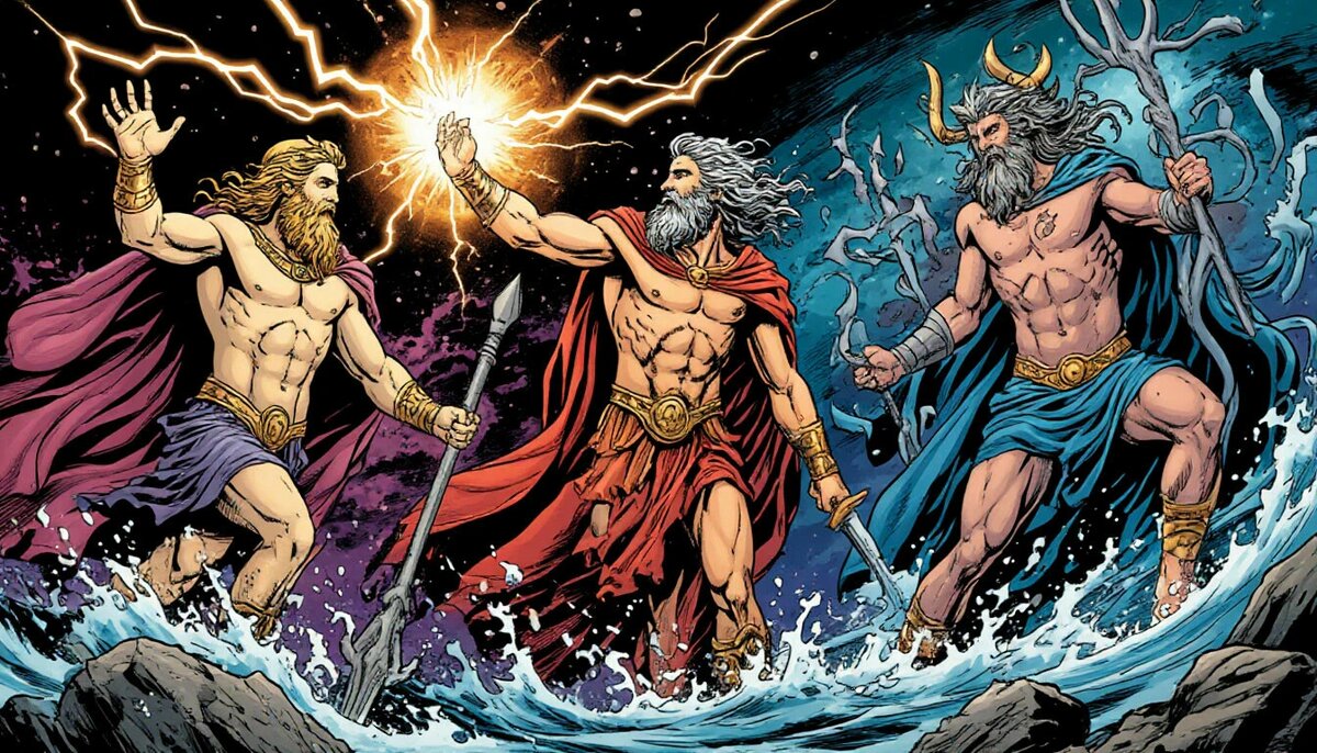 Посейдон, Зевс и Аид сражаются с титанами и чудовищами