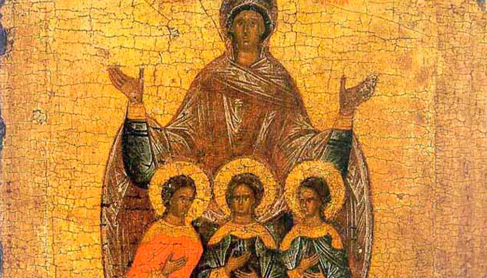 Святые мученицы Вера, Надежда, Любовь с матерью Софией (новгородская икона XVI века, фрагмент). Фото: wikimedia.org