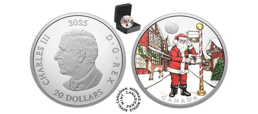    Канадская серебряная монета 2025 года с Санта-Клаусом и светящимися элементами