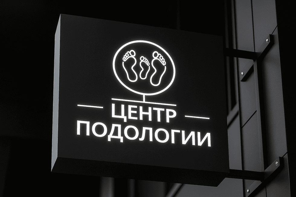 Кронштейн с логотипом и надписью. Двусторонний лайтбокс делает центр видимым с разных сторон улицы.