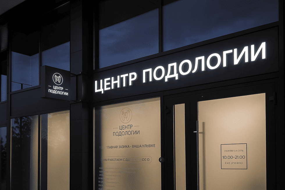 Объёмные буквы «ЦЕНТР ПОДОЛОГИИ» с контражурной подсветкой. Они обеспечивают равномерное свечение и отлично заметны в вечернее время.