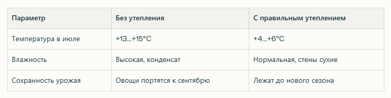 Таблица сравнения условий хранения овощей без утепления и с правильным утеплением