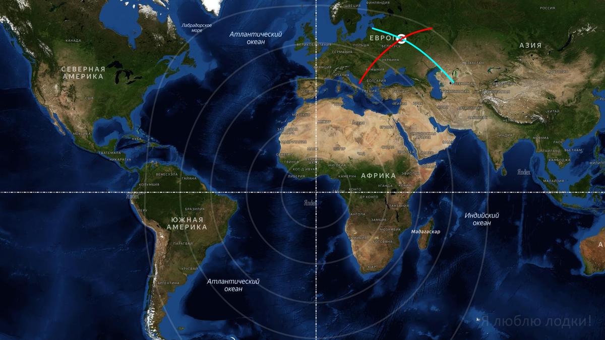 Пересечение двух линий положения. Красная получена при измерении высоты Солнца до полудня, голубая - после полудня
