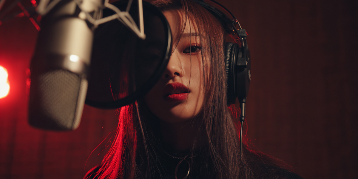 «Китайская певица записывает песню в студии с профессиональным микрофоном — музыка как способ тренировки слуха и восприятия китайской речи»