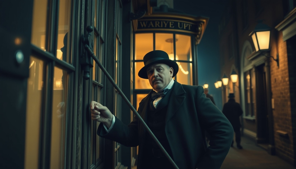    Изображение человека-будильника, который стучит по окну, чтобы разбудить жильцов в викторианской Англии