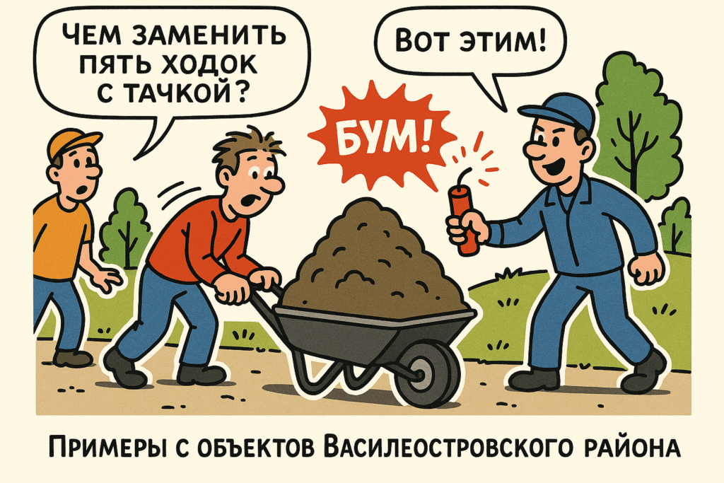    На фото представлены эффективные альтернативы для замены пяти ходок с тачкой, которые помогут упростить работу на строительных объектах Василеостровского района.