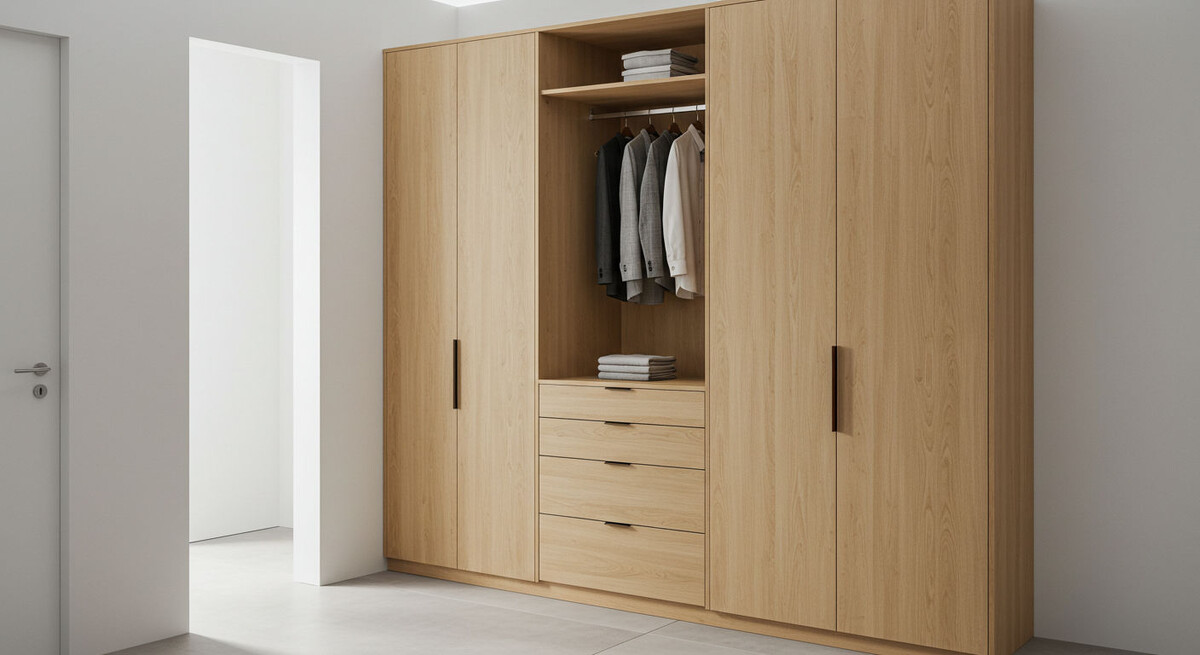 Корпусный распашной шкаф с ящикам и вешалкой в коридор