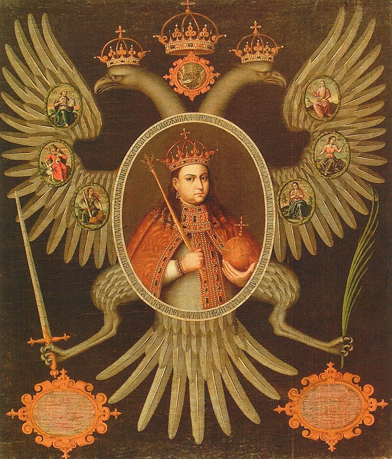 Портрет Софьи в царском облачении, со скипетром и державой в руках, на фоне двуглавого орла. Вокруг портрета выписан царский титул https://ru.wikipedia.org/wiki/Софья_Алексеевна