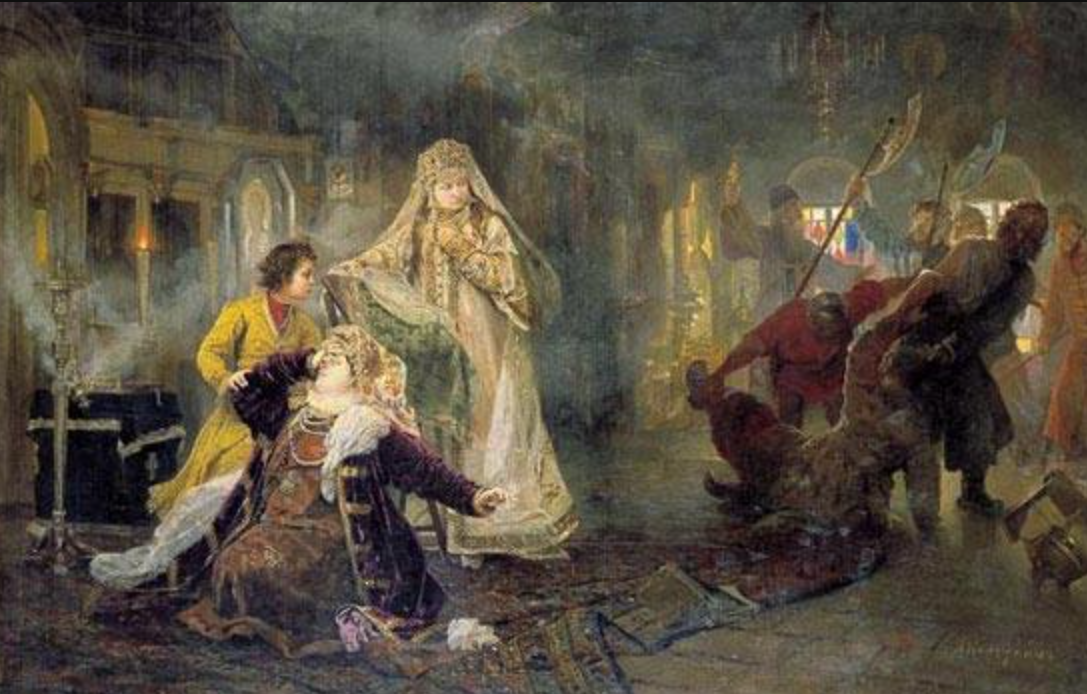 Мятеж стрельцов в 1682. Стрельцы выволакивают из дворца Ивана Нарышкина. Пока Пётр I утешает мать, царевна Софья наблюдает с удовлетворением Картина А. И. Корзухина, 1882 https://ru.wikipedia.org/wiki/Софья_Алексеевна