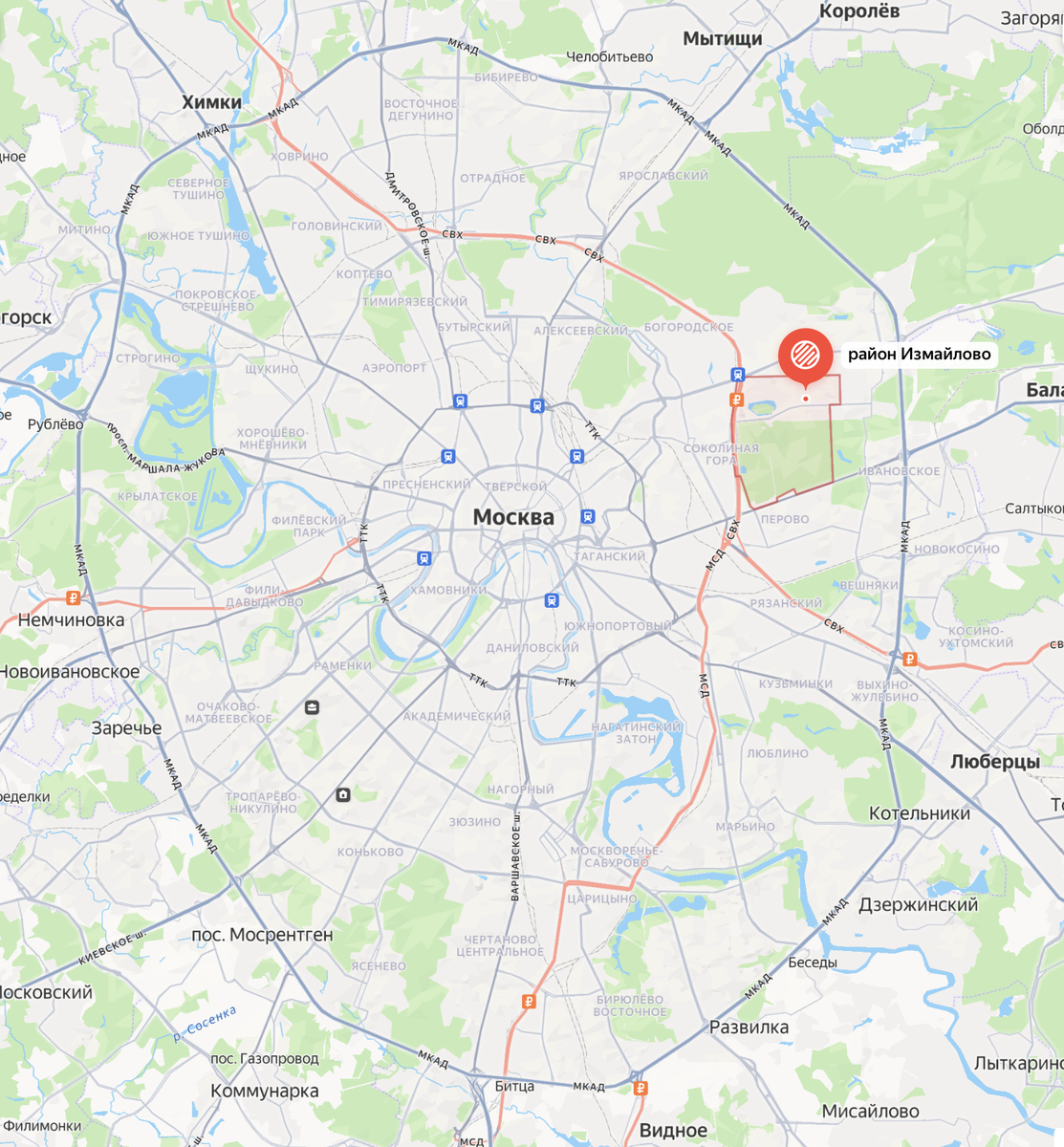 Границы района Измайлово на карте Москвы
