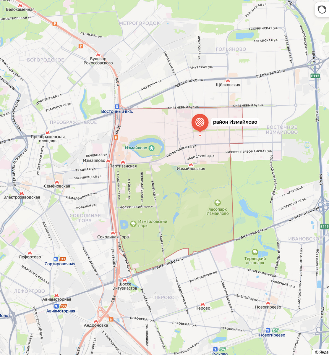 Границы района Измайлово на карте Москвы