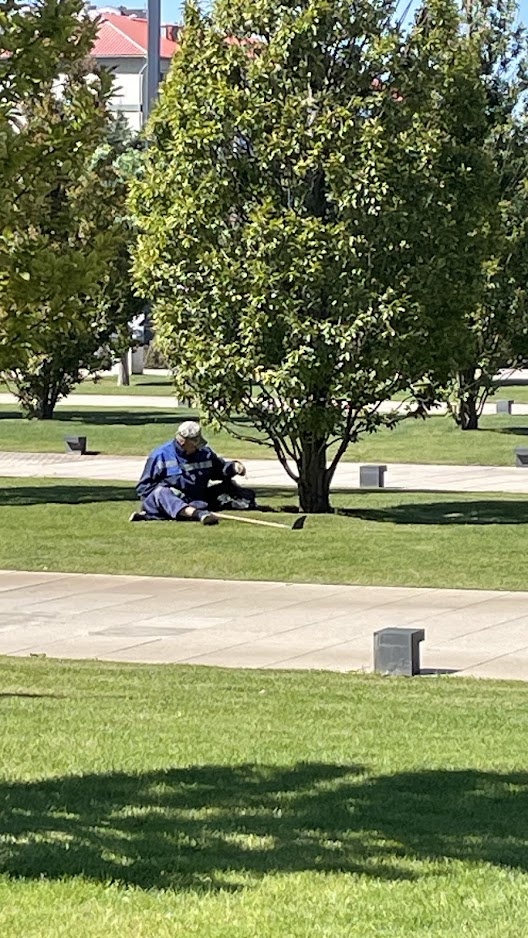 Персонал тоже отдыхает на травке.