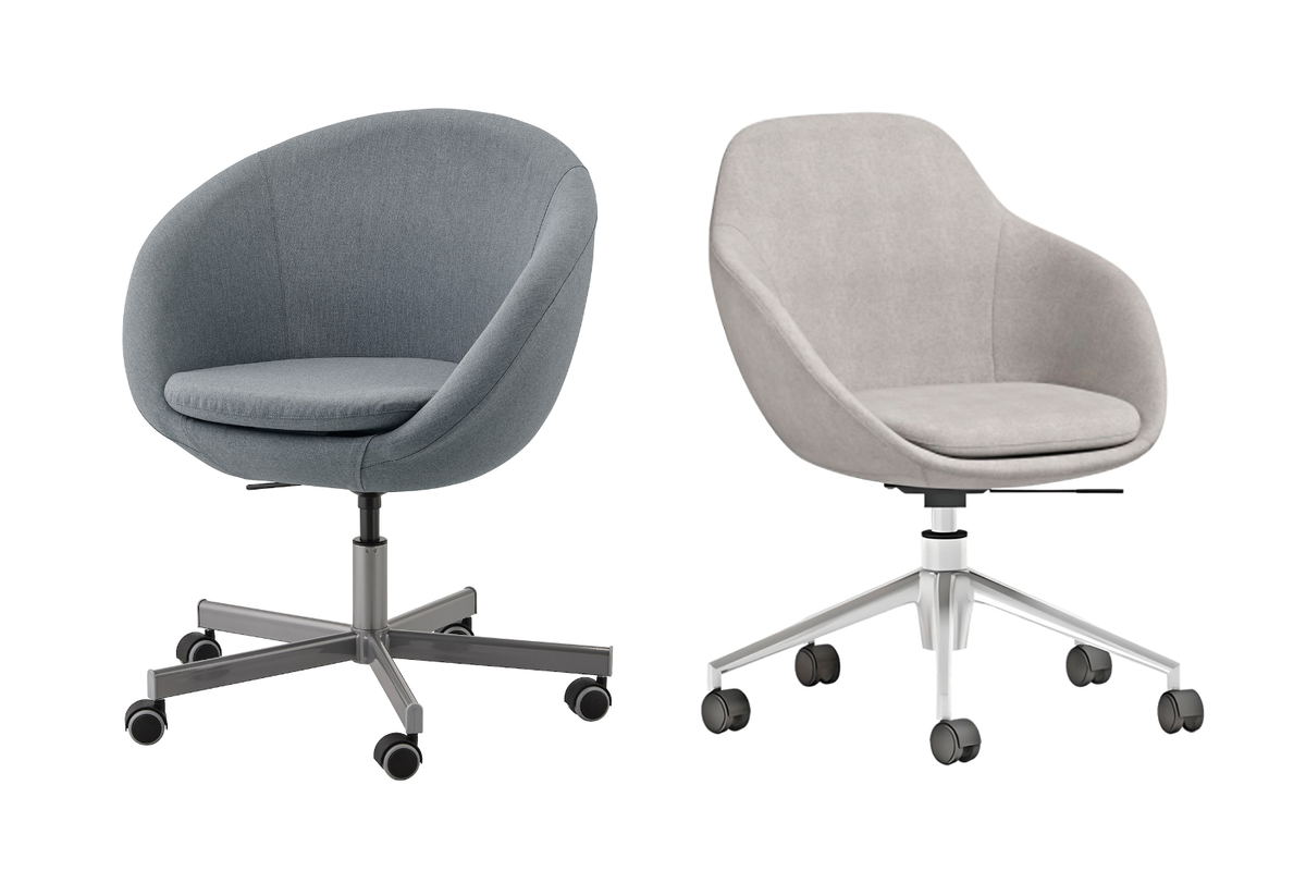 Слева — модель Skruvsta из «ИКЕА». Регулируется по высоте, имеет стопперы на колесах — катается только под весом пользователя. Кресло Yolan P850L-A из нашего каталога не уступает по визуалу и комфорту. 