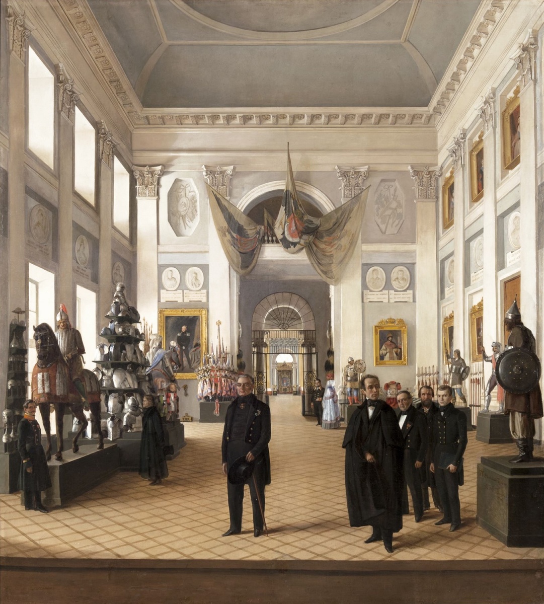    Н. Бурдин. Вид Оружейной палаты в Кремле. Справа на груповом портрете сотрудников - молодой историк Иван Забелин. 1846 / Фото: wikipedia.org