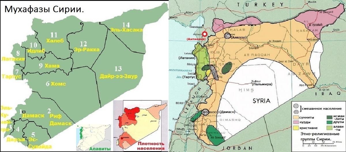 Население и этнорелигиозные группы СИРИИ. Красным кружком выделен город Антакья 
(греко-сирийская АНТИОХИЯ). (материал из открытых источников)