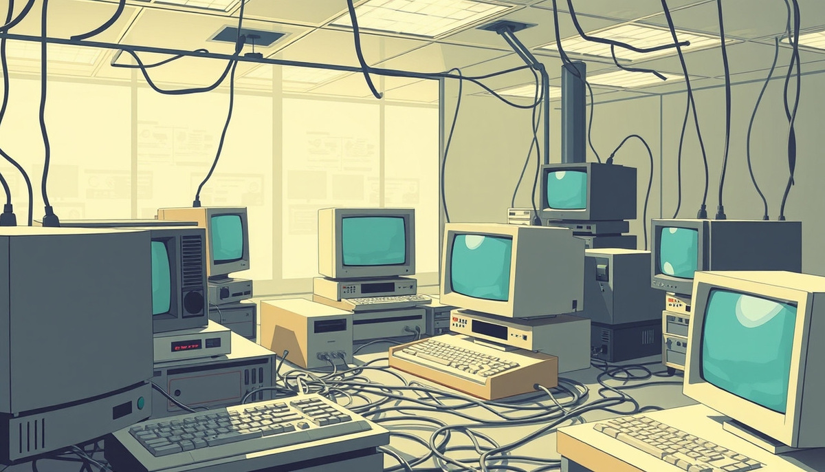    Иллюстрация ранних сетевых технологий и пользователей за компьютерами