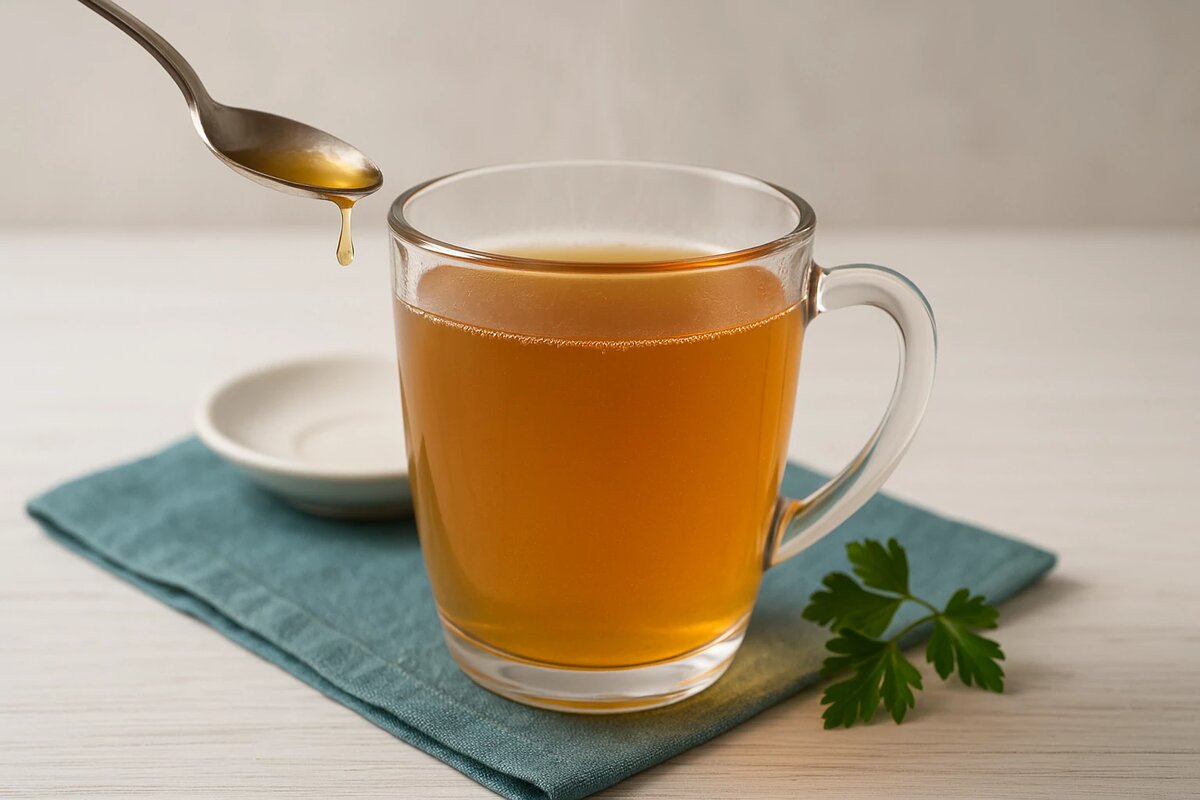 Прозрачный куриный бульон в стакане. Янтарный цвет