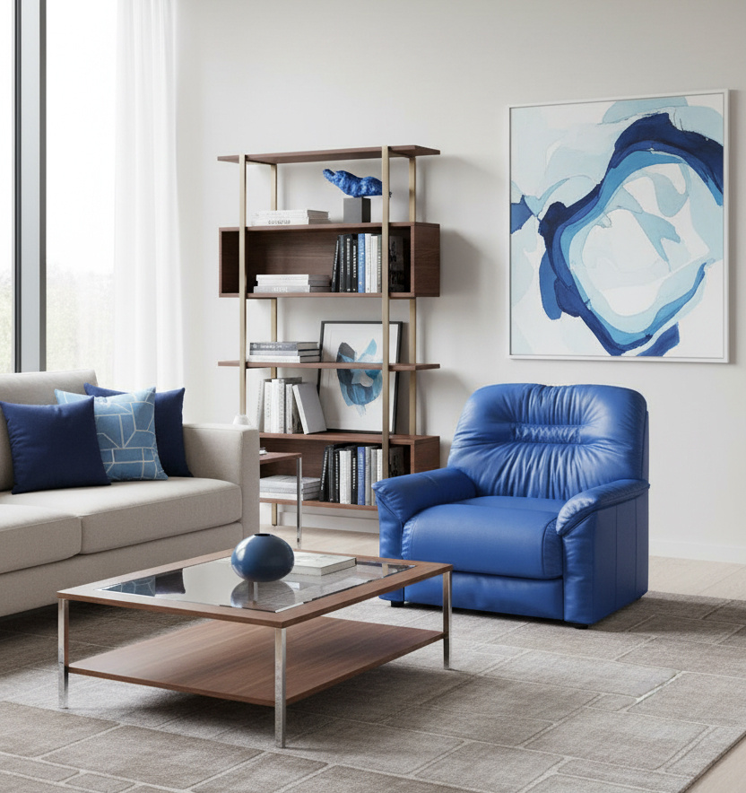 Кресло василькового цвета из искусственной кожи в светлой скандинавской гостиной. Белые стены, светлый деревянный пол, деревянный столик, несколько комнатных растений. Мягкий дневной свет.