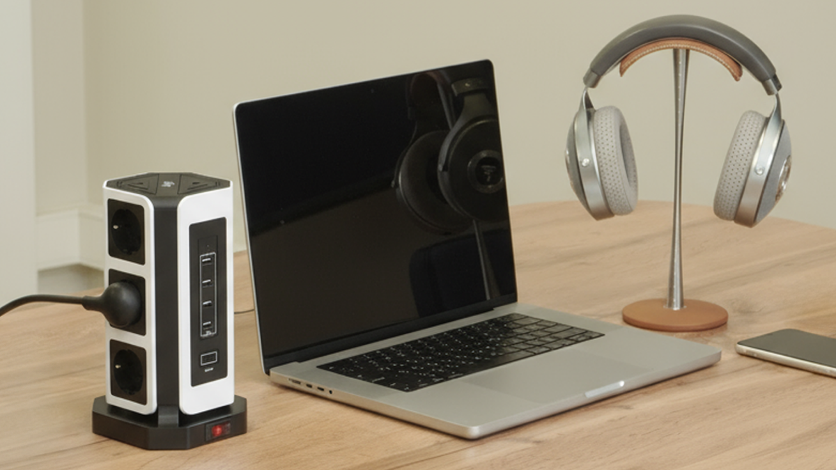 Сверху башенного сетевого фильтра TP-VD5U9E-C — беспроводная зарядка. Минус один провод на рабочем столе